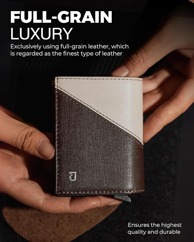 Jenoss Smart Wallet For Men: Full Grain Leather, Handcrafted, Slide Metal Pop Up Case, Slim RFID Blocking Credit Card Holder, Compact 12 Cards Slot Organizers, ID, Money Clip (Brown & Cream)