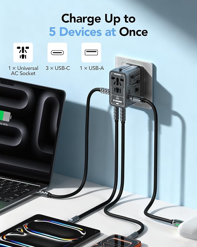 Mfish Universal Travel Adapter, 75w 5-Port International Plug Adapter, 1 USB-A, and 3 USB-C, Worldwide Wall Charger for EU/UK/AUS/CN Compatible with Over 200 Countries, Grey