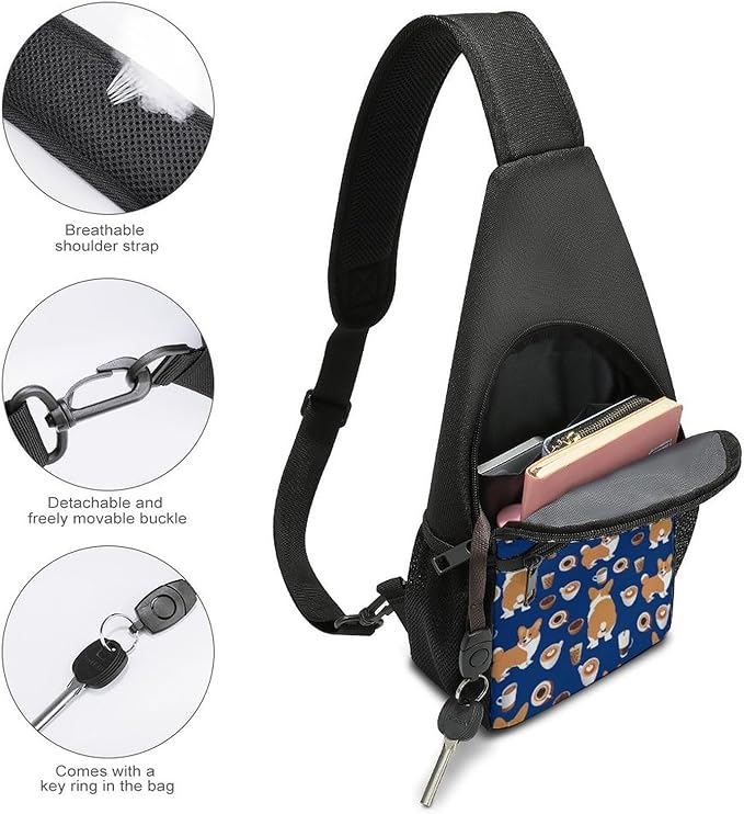 SWEET TANG Unisex Unique Chest Bag Gym Sack Fashion Sling Shoulder Backpack Outdoor Sports Daypack Shiba Inu Print Dog And Coffees, Multipurpose Adjustable Bag for Daily Use