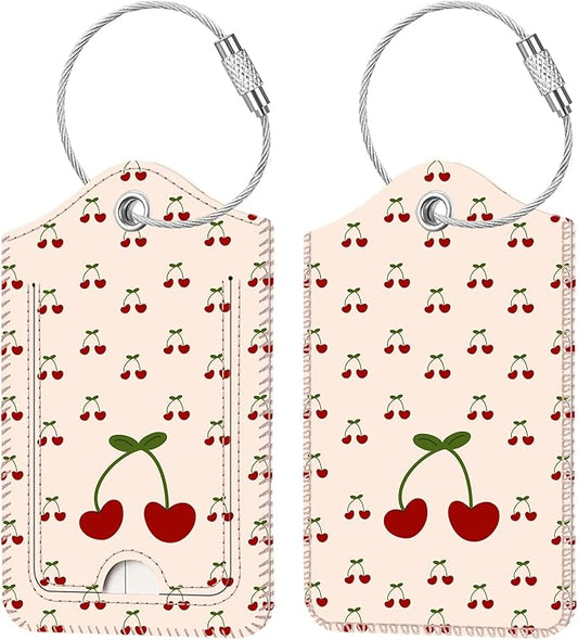 Fintie Luggage Tags, Privacy Cover ID Label with Stainless Steel Loop and Address Card for Travel Bag Suitcase - Cherry (2 Piece)