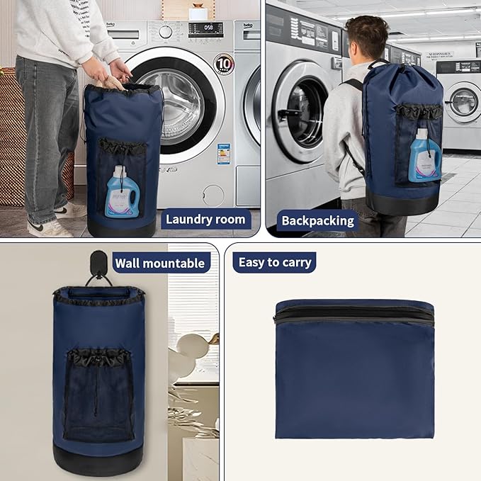 Laundry Bag Backpack with Shoulder Straps and Mesh Pocket Foldable Clothes Hamper Bag with Drawstring Closure for College, Apartment, Laundromat (Dark Blue)