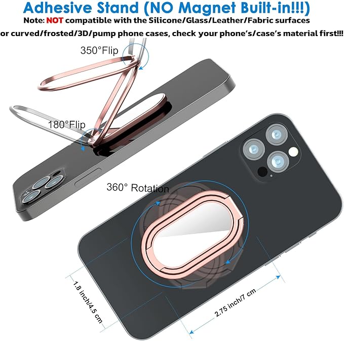 Phone Holder Foldable Phone Stand Phone Ring Holder Finger Kickstand 360° Rotation Cell Phone Stand Metal Phone Grip for Magnetic Car Mount Sticky Phone Grip Compatible with Most Smartphones