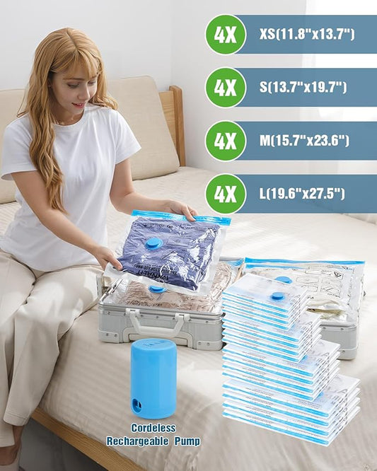 Vacuum Storage Bags for Travel, 16 Pack (4L+4M+4S+4XS) Vacuum Seal Bags with Wireless Rechargeable Electric Pump, Travel Essentials Space Saving Bag for Clothes, Luggage, Carry-on Suitcase, Backpack
