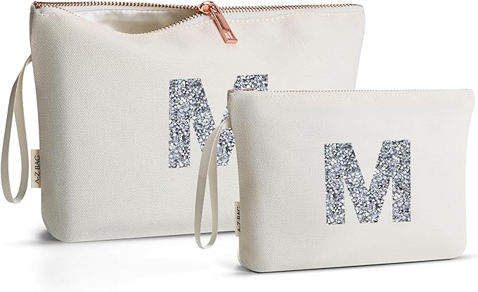 A-Z BAG 2pcs Personalised Makeup Bag Set, Canvas Cosmetic Bag with Rhinestone Initial, Birthday Gifts for Women (M, Beige)