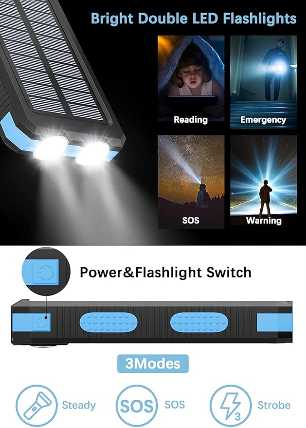 Solar Charger Power Bank - 36800mAh Solar Phone Charger, USB-C QC3.0 Fast Charger with LED Flashlight, IP65 Waterproof Portable Power Bank for Camping, Hiking Outdoor Activities（Blue）