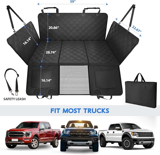 Back Seat Extender for Dogs-Upgraded Egg Crate Foam, Hard Bottom Dog Seat Cover for Truck Back Seat, Dog Hammock for Truck Crew Cab F150, RAM1500, Sierra, Silverado,Tundra, Titan（59‘x29’