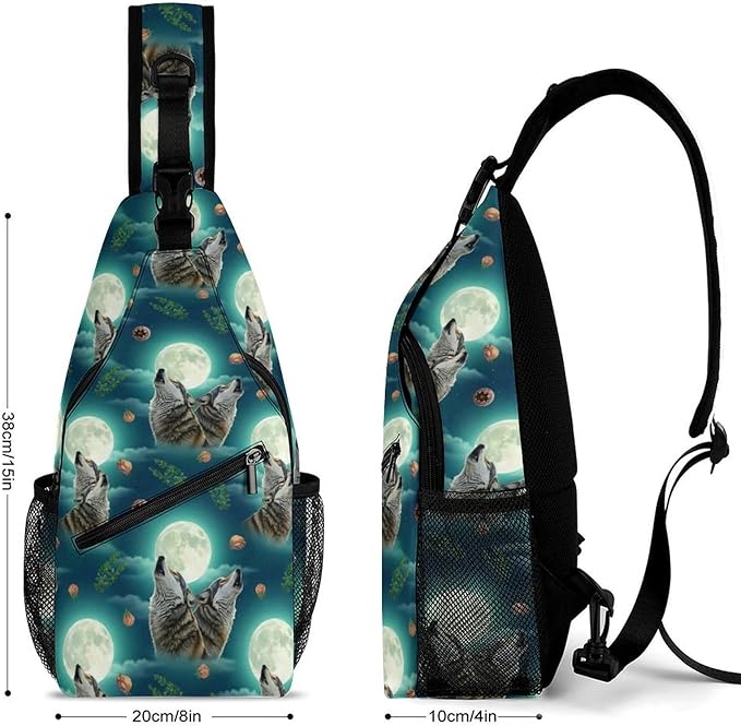 SWEET TANG Polyester Shoulder Sling Bag Multipurpose Casual Sport Daypack Unbalance Backpack with Small Pocket and Smooth Zipper, Howling Moon Wolf