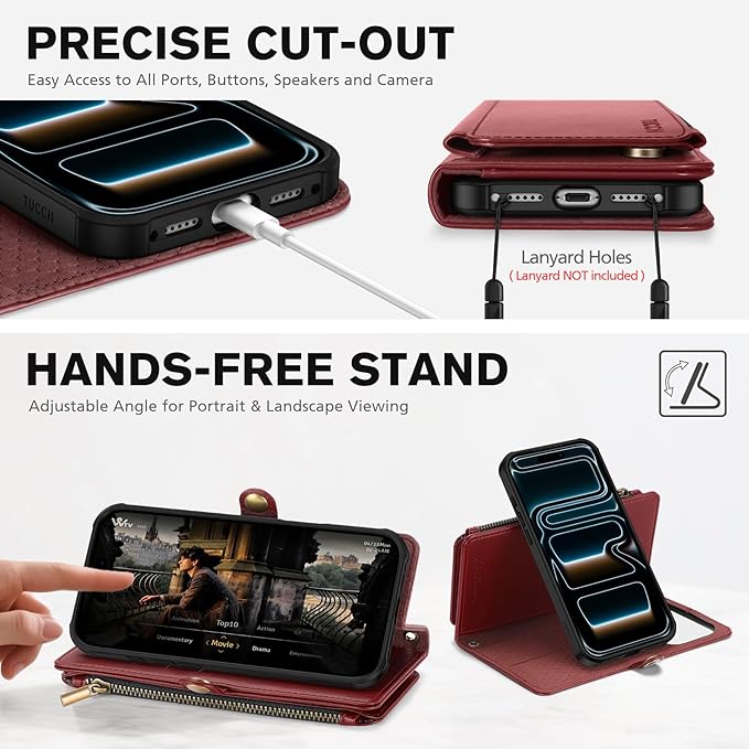 TUCCH Detachable Crossbody Case Wallet for iPhone 17 Pro 6.3", Wireless Charging | RFID Blocking 9 Card Holders | Lanyard | Wrist Strap | Stand | Zipper Pocket | PU Leather | Magnetic Cover | Dark Red