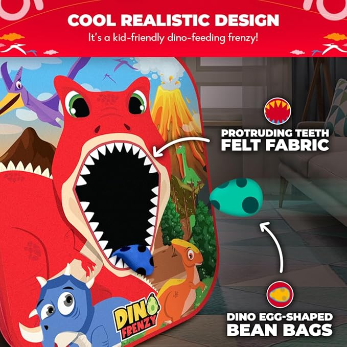 Swooc Games® - Dino Frenzy™ | 2-in-1 Corn Hole Games for Kids | 5-Second Setup | Dinosaur Bean Bag Toss Game for Kids | Kid Cornhole Game Set | Toddler Party Activity | Outside Bean Bags Kid Tossing