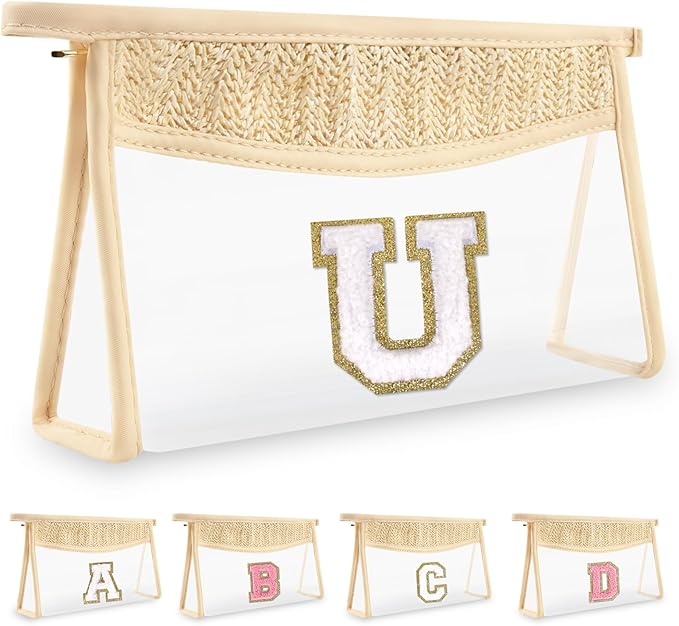 Personalized Initial Letter Bag Boho Straw Clear Makeup Bag,Small Cute Chenille Varsity Letter Pouch With Zipper,Beach Travel Toiletry,Portable Monogrammed Cosmetic Bag for Women Girls,U