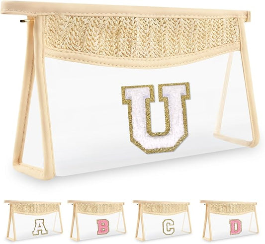 Personalized Initial Letter Bag Boho Straw Clear Makeup Bag,Small Cute Chenille Varsity Letter Pouch With Zipper,Beach Travel Toiletry,Portable Monogrammed Cosmetic Bag for Women Girls,U