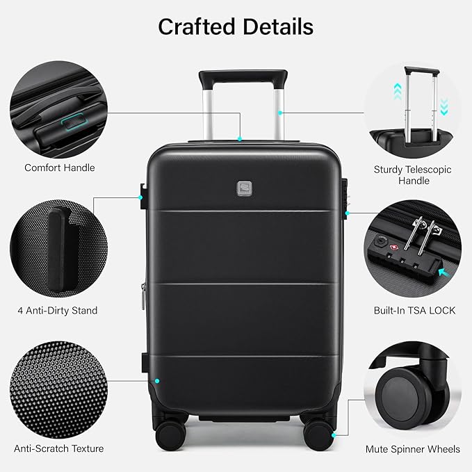 Hanke Expandable Carry On Luggage 22x14x9 Airline Approved, 20 Inch Hardside Luggage with Spinner Wheels, All-PC Hard Shell Carry-On Suitcase, Lightweight & TSA Approved (Jet Black, 46L)