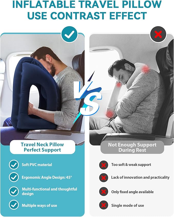 JefDiee Inflatable Travel Pillow, Airplane Neck Pillow Comfortably Supports Head and Chin for Airplanes, Trains, Cars and Office Napping with 3D Eye Mask, Earplugs and Portable Drawstring Bag (Blue)