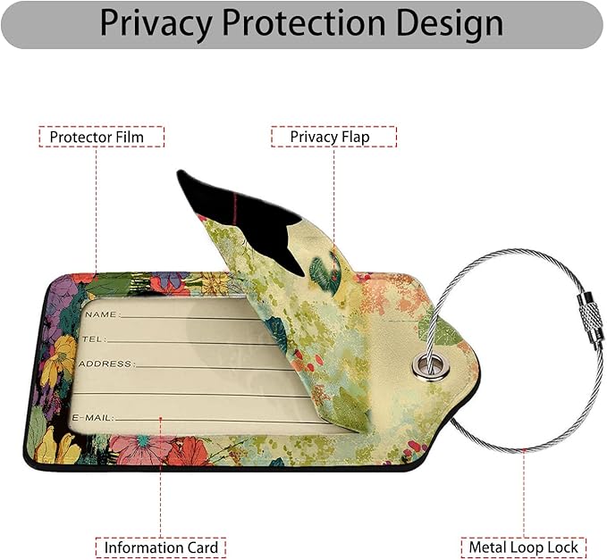 Black Cat and Flower Luggage Tag 3 Pack Travel Cruise Luggage Tags for Suitcases, Identifiers Bag Tags with Privacy Flap, Baggage Name Tag for Women Men Luggage Backpack Handbag School Bag