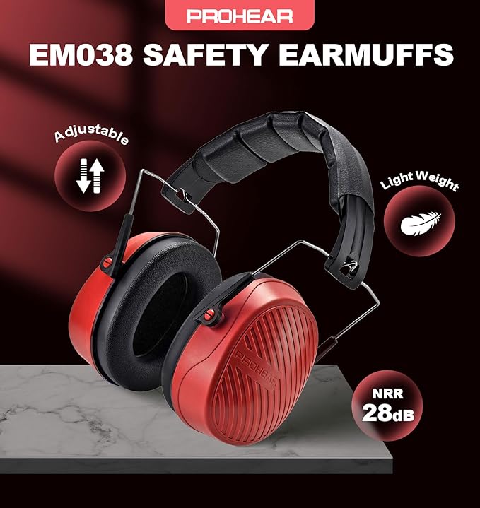 PROHEAR 038 Ear Protection Safety Earmuffs for Mowing, 28dB Noise Reduction Passive Hearing Protector, Compact Foldable Headset for Shooting Construction Power Tools, Red