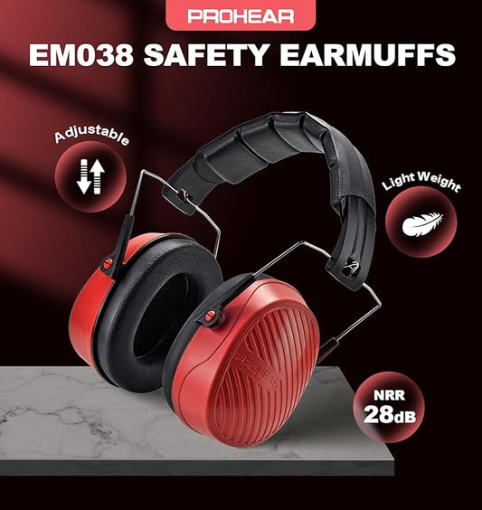 PROHEAR 038 Ear Protection Safety Earmuffs for Mowing, 28dB Noise Reduction Passive Hearing Protector, Compact Foldable Headset for Shooting Construction Power Tools, Red