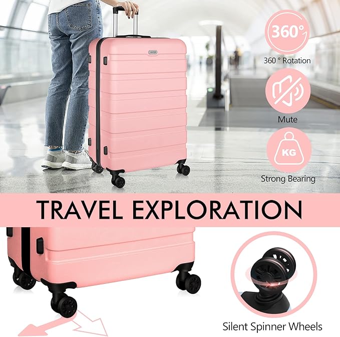 AnyZip Luggage PC ABS Hardside Lightweight Suitcase with 4 Universal Wheels TSA Lock Checked-Medium 24 Inch Pink