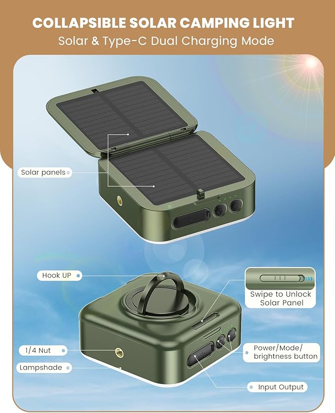Camping Lantern - Collapsible Solar LED Lamp, 5200mAh Solar/USB Rechargeable, 1000LM, 5 Light Modes, Outdoor IPX4 Waterproof - Portable Emergency Light （Green）