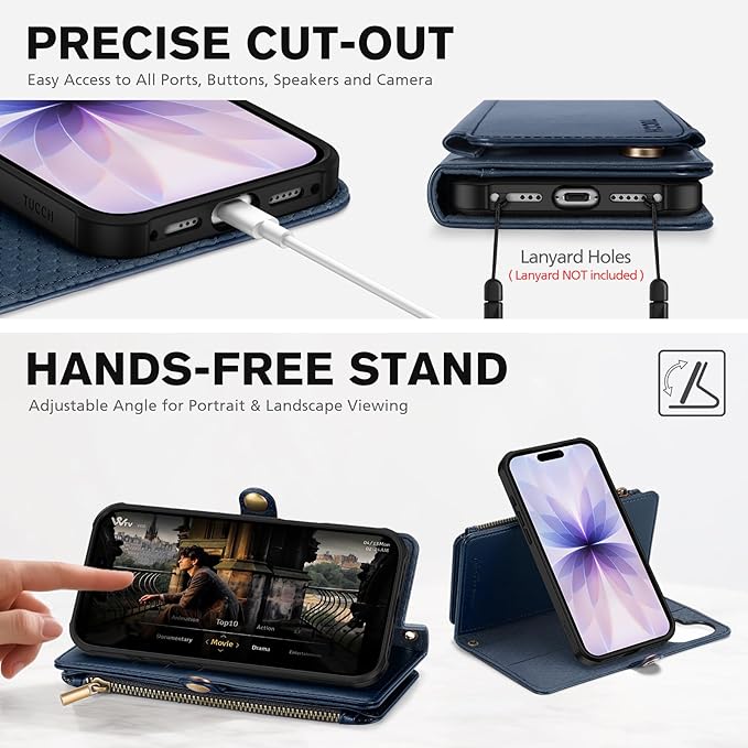 TUCCH Crossbody Detachable Wallet Case for iPhone 17 (6.3") 2025, 9 Card Holders RFID Blocking, Wireless Charging, Stand, Wrist Strap, Lanyard, Zipper Pocket, PU Leather Shockproof Cover, Dark Blue