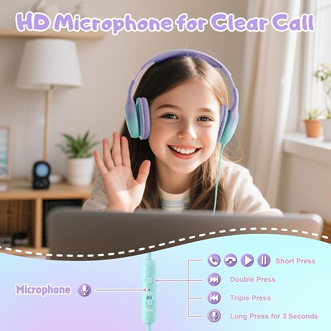 Kids Headphones, Wired Headphones for Kids with Microphone 85/94dB Volume Limit, Stereo Sound Portable Over Ear Headphones for School/Travel/Tablet/iPad, Green Violet