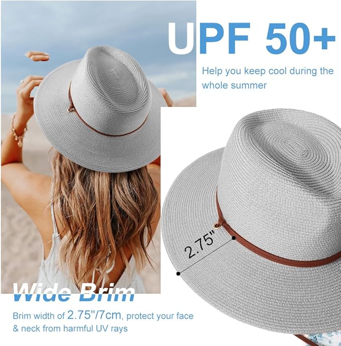 DRESHOW Women Straw Panama Hat Travel Fedora Beach Sun Hat Summer Wide Brim Straw Roll up Hat UPF 50+