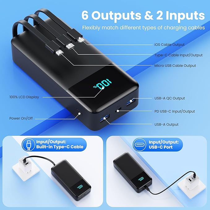 Portable Charger 50800mAh Power Bank with 3 Built-in Cable,25W PD USB C Power Bank Fast Phone Charging,QC4.0 LED Display Travel Outdoor Portable Battery Pack for iPhone 17/16/15, Galaxy Android-Black