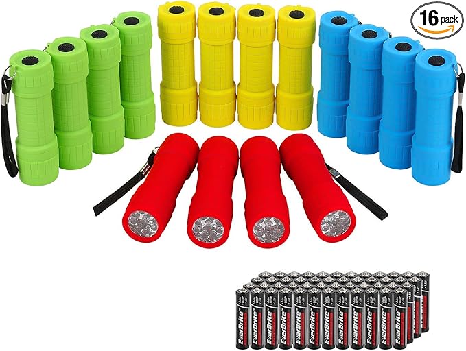 EverBrite 16-Pack Mini LED Flashlight Set - Assorted 4 Colors, 48 AAA Batteries Included, for Hurricane Supplies Party Favors, Kids Gift, Camping, Hiking etc