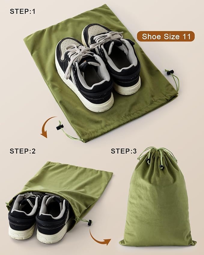 FantasyLife Shoe Bags for Travel, Washable Dust Bags for Storage & Packing, Flannel Shoe Pouch with Drawstring Closure for Purses, Handbags, Shoes & Toys (2, Sage Green)