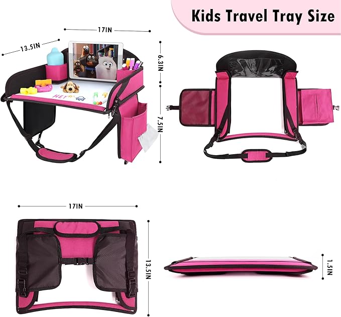 WENRENER Kids Travel Tray for Airplane - Toddler Car Seat Table Tray, Road Trip Essentials for Boys & Girls, Carseat Lap Desk for Kids Road Trip Activities (Pink-2PCS)