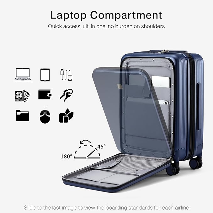 Hanke Grace Expandable Carry On Luggage with Wheels Airline Approved Hard Shell Suitcases with Front Pocket，Top Opening Luggage with TSA Lock for Short Business Travel, Dark Blue.