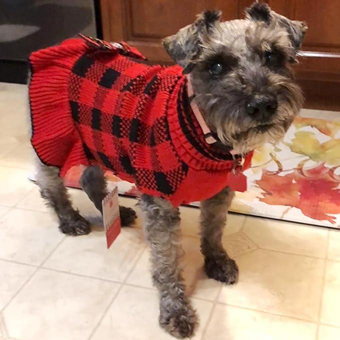 KYEESE Dog Christmas Sweater Dress with Bowtie Checkered, Turtleneck Dog Sweater for Small Dogs Girl with Leash Hole, Holiday Warm Pet Sweaters Dress, Red, Large