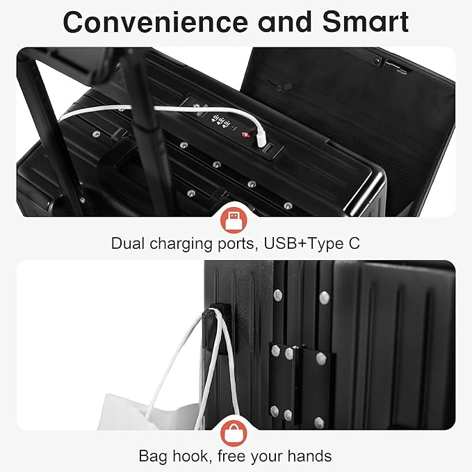 24 Inch Check-In Luggage Aluminum Frame Zipperless Luggage, Hard Shell Suitcase TSA Approved Checked Luggage, ABS+PC Lightweight Zipperless Suitcase with Spinner Wheels (Black)