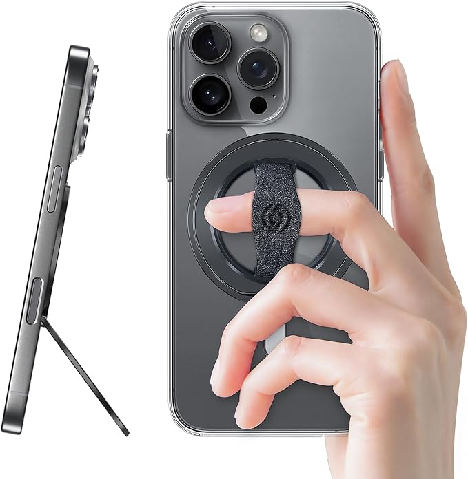 EWA MagOne 3rd Gen [Compatible with MagSafe] Phone Grip Stand with Finger Strap, Removable Magnetic Ring Holder Kickstand Loop for iPhone 16,15, 14, 13, 12 Series-(Black)