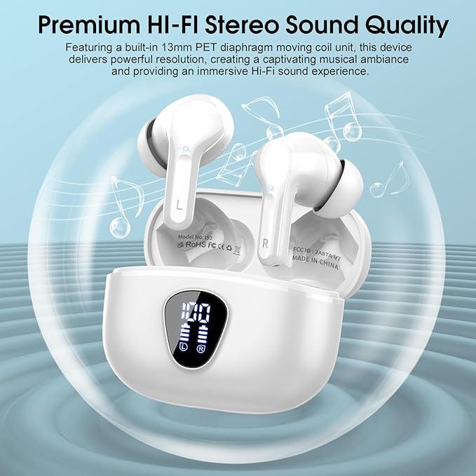 Wireless Earbuds, Bluetooth 5.4 Headphones HiFi Stereo, Bluetooth Earbuds with ENC Noise Cancelling Mic, IP7 Waterproof in Ear Earphones, 48H, LED Display Ear buds for Pad Phones Workout Sports, White