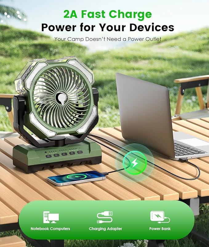 Camping Misting Fan - Portable Rechargeable Fan with 9oz Tank, Light, Hook - Battery Power 120H MAX Working, Fast Cooling, 4 Speed, Timer, Sleep Mode, for Outdoor, Travel, Patios, Beach