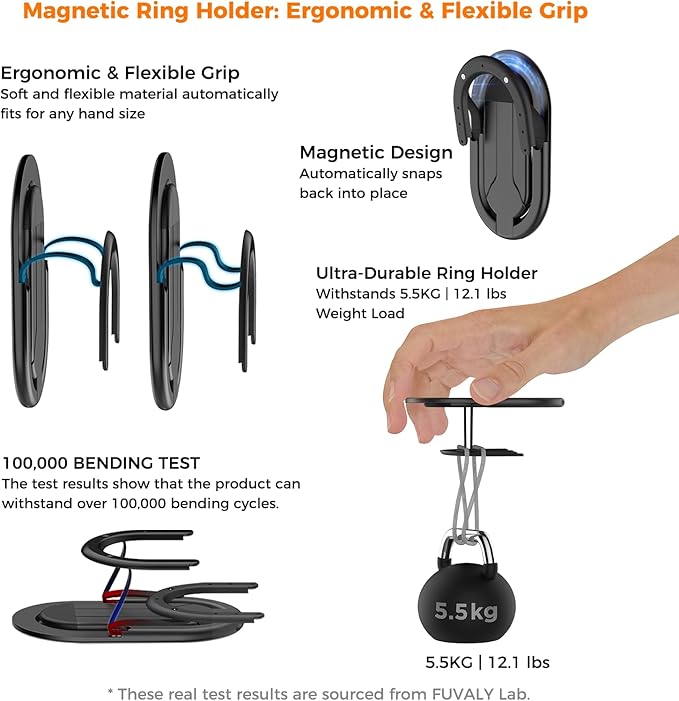 [2025 New] FUVALY Magnetic Phone Grip for MagSafe Phone Tripods 4-in-1 Desk Stand, Phone Ring Holder for iPhone 17/16/15/14 Pro&Android (Black)
