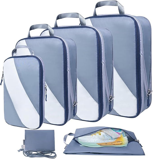 Lightweight Compression Packing Cubes for Suitcases, Compressible Expandable Travel Packing Organizer with Clear Toiletries and Backpack Bag, Travel Essentials for Carry on Luggage 7 Set