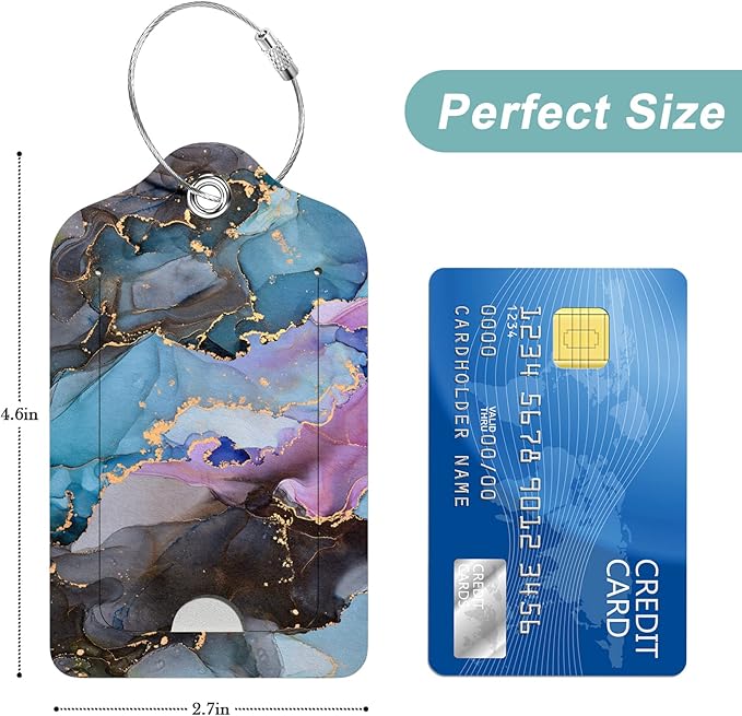 Rimilak 3 Pcs PU Leather Luggage Tags for Suitcase, Travel Cruise Luggage Tag with Privacy Flap, Name ID Label and Metal Loop for Women Men Baggage Handbag School Bag Backpack, Colorful Marble