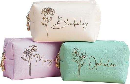 DayOfShe Personalized Bridesmaid Gifts Makeup Bag with Name and Birth Flower, Custom Travel Makeup bag for Toiletries Bridal Shower Gifts