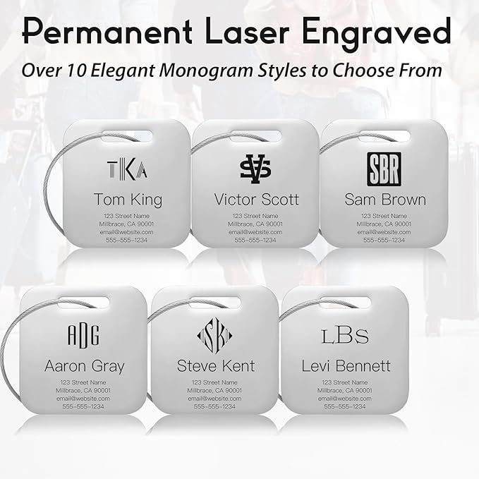 Personalized Luggage Tags for Suitcases - Stainless Steel Custom Luggage Tags for Backpacks & Bags, Sturdy, Waterproof & Heavy Duty (Silver/Square)