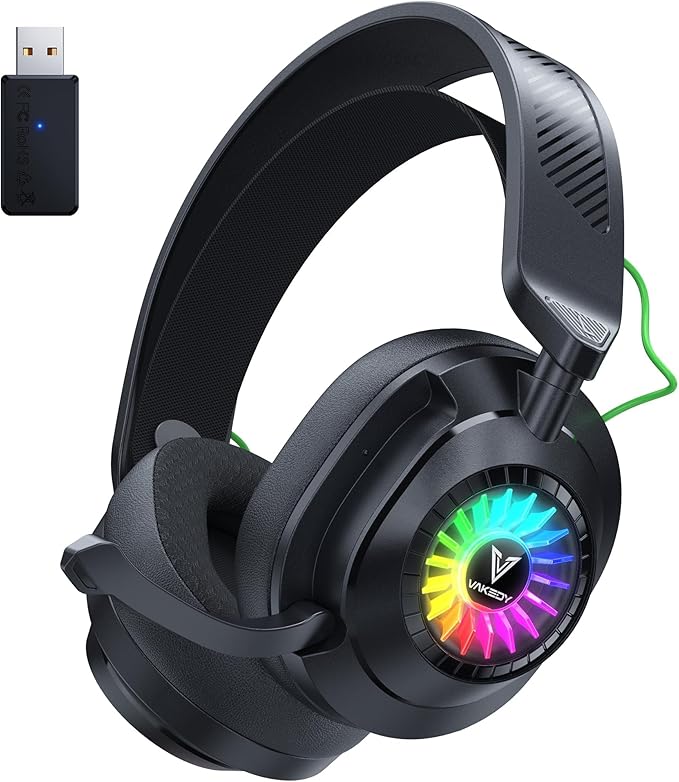 Vakedy HW10 Wireless Gaming Headset for PS5,PS4,PC,2.4GHz Bluetooth Over Ear Headphones with Noise Cancelling Microphone,50Hr Battery Gamer Headsets for Switch, Laptop,Mobile,Mac,Cool RGB (Black)