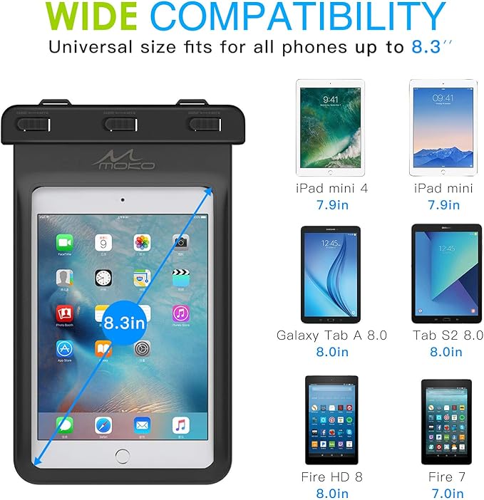 MoKo Universal Waterproof Case, Dry Bag Pouch for iPad mini 6/5/4/3/2, Samsung Tab 5/4/3, Galaxy Note 8, Tab S2/Tab E/Tab A 8.0, LG G Pad III 8.0, Google Nexus 7(FHD) & More Up to 8.3" - Black