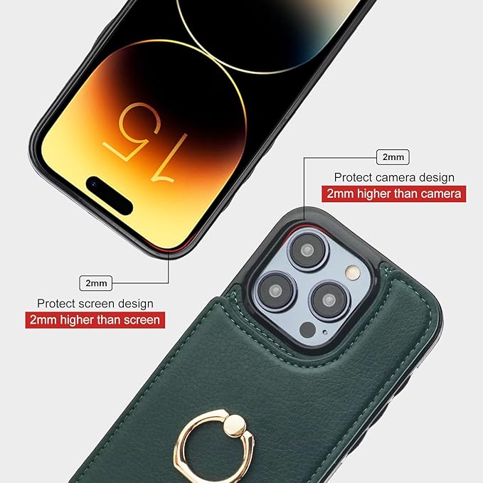 Folosu Compatible with iPhone 15 Pro Case Wallet with Card Holder, 360°Rotation Finger Ring Holder Kickstand, RFID Blocking Leather Protective Double Buttons Shockproof Cover 6.1 Inch Dark Green