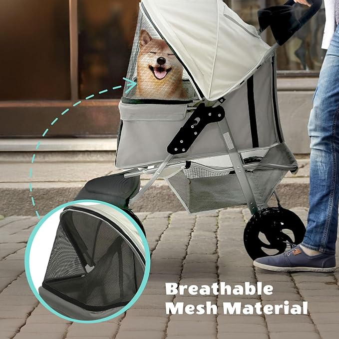 Critter Sitters 4-Wheel Dog Stroller for Medium or Large Sized Dogs & Cats with Scratch Resistant Breathable Mesh Windows and Safety Leash, Storage Basket, Cup Holders, Lockable Wheels, Light Grey