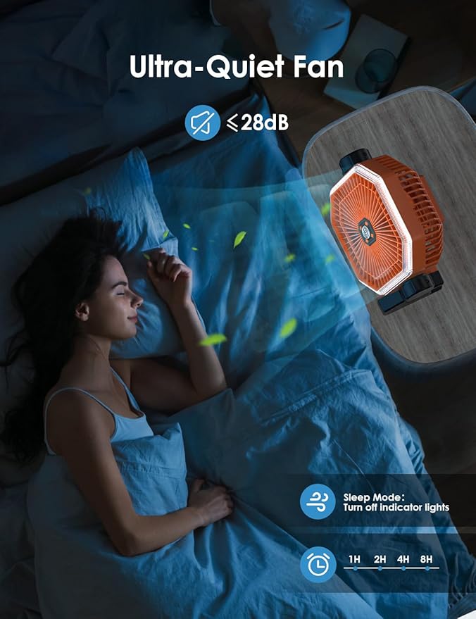 Battery Powered 9-Inch Rechargeable Portable Fan - 10000mAh(30Hrs) Auto Oscillation, Tent Fan with Remote/light, 4 Speeds, 4 Timing, Outdoor