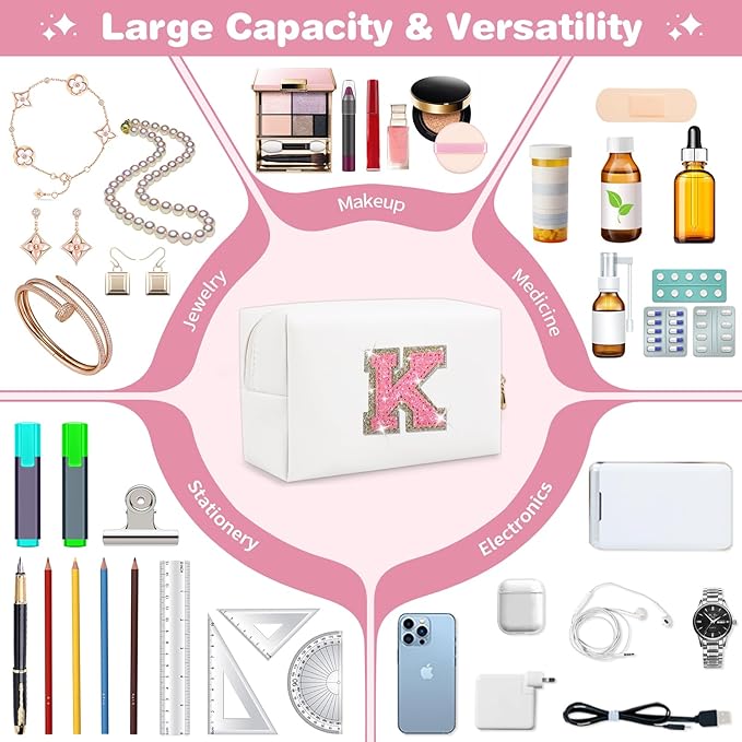 Small Initial Patch Makeup Bag Personalized Gifts Make Up Bag,White Cute PU Leather Glitter Letter Cosmetic Bag with Zipper,Trendy Portable Travel Toiletry Pouch,Preppy Stuff for Teen Girls Women K