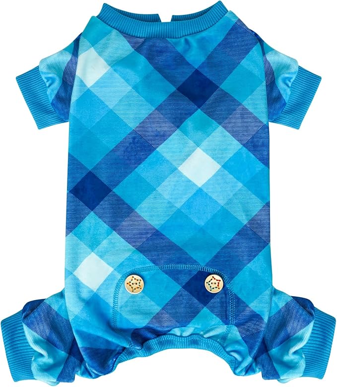 KYEESE Dog Pajamas Comfy Pet Clothes Lightweight Pjs Velvet Doggie Jammies Plaid Dog Pajamas for Small Dogs Boy Girl Soft Coat Stretchy Onesie,Blue, Large