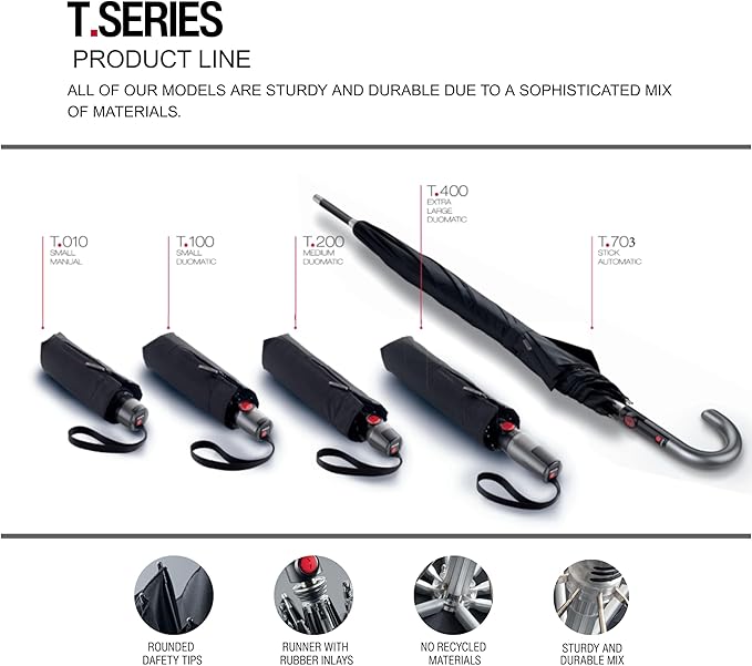 Knirps T.200 Duomatic Compact Rain Umbrella in Elemental Black – Wind Tunnel Tested to 93 mph, Aluminum Steel Fiberglass Frame, 38in Canopy, OEKO-TEX, High-Performance Automatic Travel Umbrellas