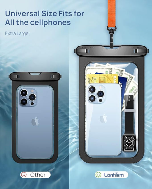 Lanhiem 10.5" Large Waterproof Phone Pouch, 2 Pack Universal IPX8 Waterproof Dry Bag with Lanyard for iPhone 16 15 14 Pro Max, Samsung Galaxy S25 S24 S23 Ultra, S24 FE, Pixel 9A 8 Pro, Black+Black