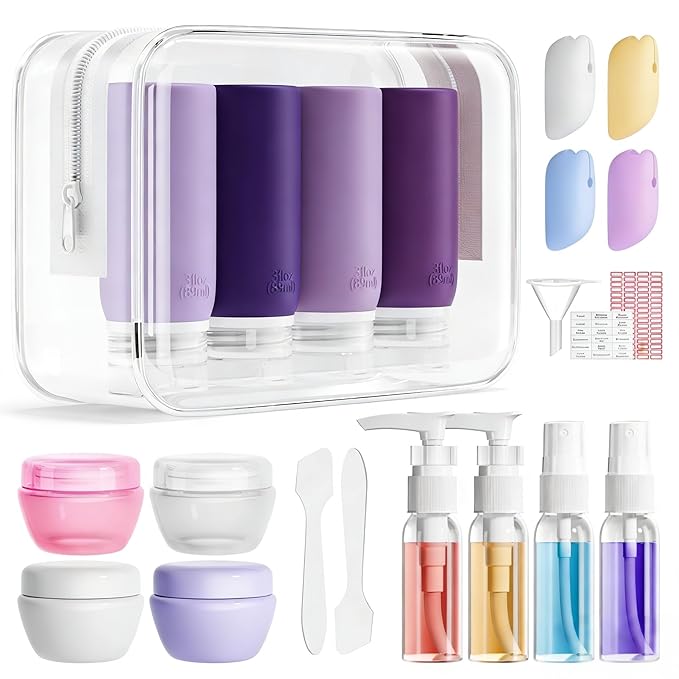 Muslish 21 Pack Travel Bottles for Toiletries, Leak-Proof TSA Compliant Silicone Travel Size Containers for Shampoo and Conditioner, BPA Free with Toiletry Bag (Purple)